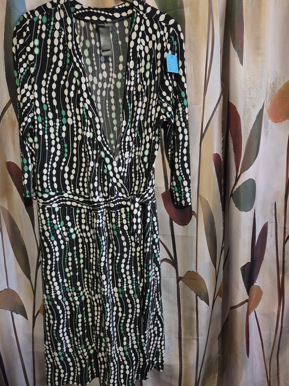 Bisou Bisou Black Midi Wrap Dress with White and Green Dot Stripe Pattern